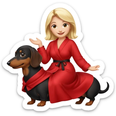 A blonde curvy woman riding on top of a black mini-dachshund wearing a red robe sticker