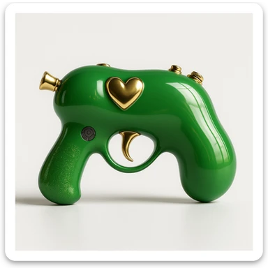 Refine the photorealistic green heart pistol: increase the realism, add subtle metallic reflections, enhance the glossy finish, and improve the heart shape details, on a white background. Maintain photorealistic style with subtle metallic reflections and glossy finish. sticker