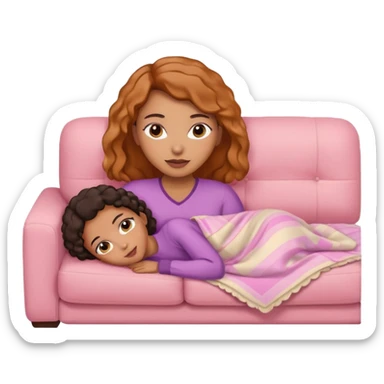 Mixed-race woman with caramel skin, lying on a beige sofa with a pastel pink blanket sticker