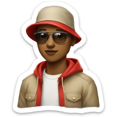 Young man wearing sunglasses, red bucket hat, beige hoodie, with messenger bag sticker