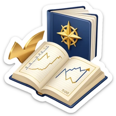 A navy blue productivity book with gold details, chart with upward trend aura, radiating productivity, strategy, and success in motion- sticker