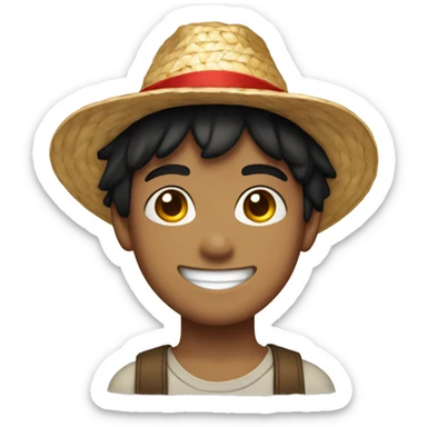 black haired, light skinned smiling, boy wearing a straw hat and a red siglet sticker