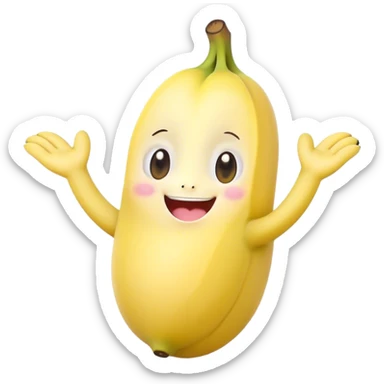 Cute Kawaii Banana, slightly curved, soft pastel yellow, cute giggling face with big round eyes, tiny arms waving happily, a peeled section revealing a smiling expression! sticker