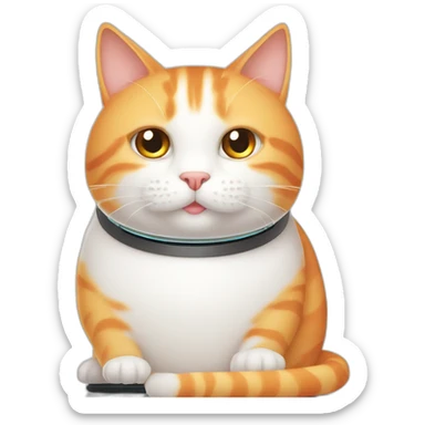 fat white and orange cat sitting on roomba sticker