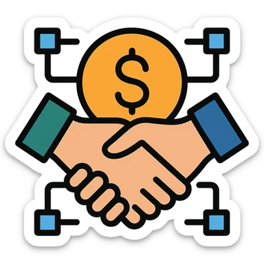 modern simple logo representing a loan protocol, stylized handshake over a coin, subtle blockchain digital network motif, minimalist clean professional sticker