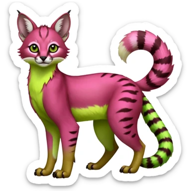 Colorful dark pink lime-green tropical exotic cute cool beautiful shiny beautiful fantasy-caracal-civet-genet-sergal-vernid-serval-Gryphon-Cacomistle-Trico-oncilla-animal-Fakémon-hybrid-fursona (full body) sticker