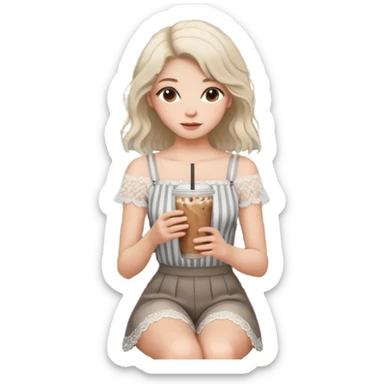 Minimalist girl holding an iced coffee in a chic cafe setting, white lace top, soft natural hair, modern gray striped wall, wooden bench, aesthetic and cozy mood ☕🌿🤍” sticker
