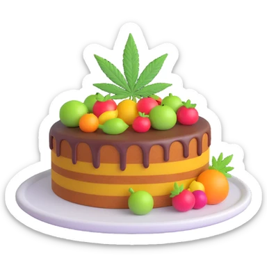 colorful frosted fruit cake with cannabis leaf on a plate sticker