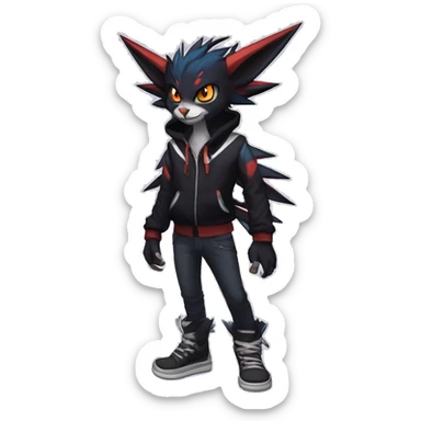 Cool Anthro Black Noivern-Absol-Litten-Pokémon with edgy stripes hoodie spiked collar punk Full Body sticker