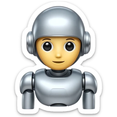 A cute futuristic robot emoji made of silver chrome, rounded friendly body, minimal facial features, glossy metallic surface, soft reflections, iOS emoji style, centered, clean white background sticker