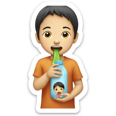 An Asian child eats from a bottle sticker