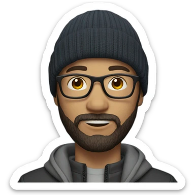 young dark-haired white man with a beanie, glasses and beard sticker