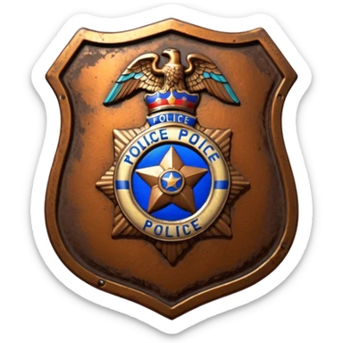 cinematic - aesthetic brilliant divine lighting, oil paint - antique police badge rusty and broken sticker