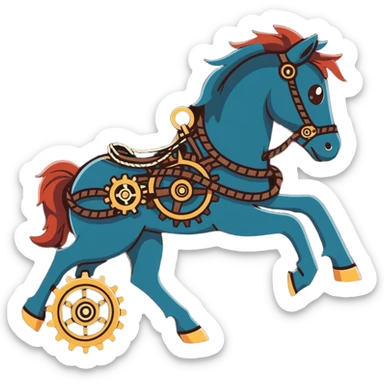 Steampunk mechanical horse with exposed gears, cogs, wires, and rope details sticker
