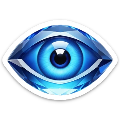Cinematic Realistic image of a glass Evil Eye blue stone, rendered with translucent, luminous blue hues and finely cut facets that catch soft reflective light, set against a dark, minimalist backdrop to emphasize its mystical allure. sticker
