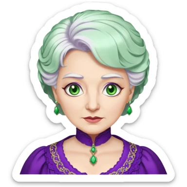 Madame Morrible from Wicked with green eyes, white hair, purple outfit sticker