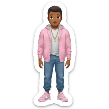 Handsome Black guy with brown skin tone, with muscular build, wearing baggy dark denim jeans, a white t-shirt, pink and gray fuzzy cardigan, white Nike sneakers, a gold watch, and a dainty chain sticker