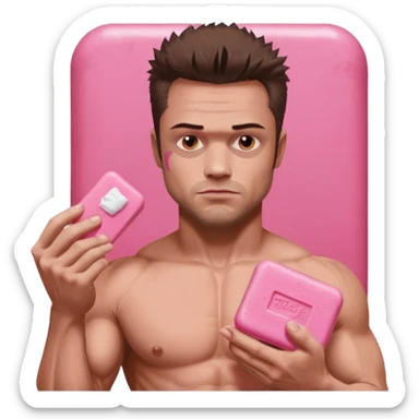 Tyler Durden, holding pink soap like the fight club poster sticker
