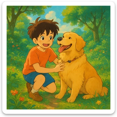 kid and his pet dog in studio ghibili style sticker