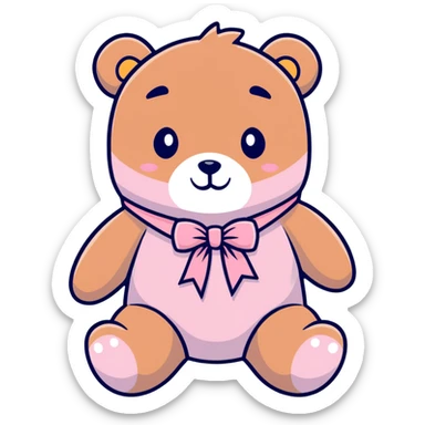 Stuffed teddy bear with light pink ribbon tied in a bow around its neck sticker