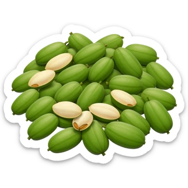 scatter of pumpkin seeds, pale green, smooth and flat, oval, matte, slight size and color variation, natural shelled, no bowl or shell, soft lighting, emoji scale sticker