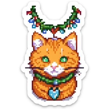 head of an orange cat with simple pixel features, Christmas garland like on a New Year tree, gaming style sticker