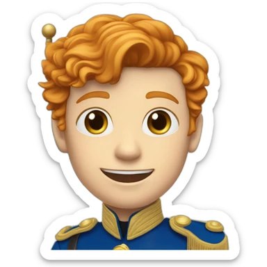 A male ginger of 15yo in royal uniform waving a tricolour flag, with purle on top, white in the middle and blue underneath it. sticker