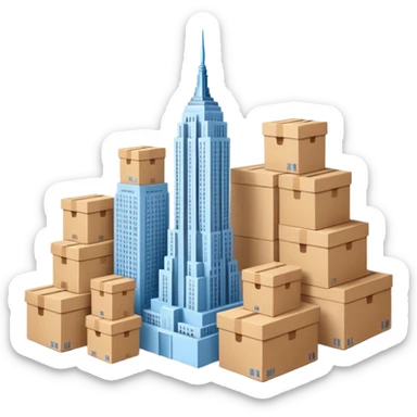 light blue Empire State Building with natural cardboard boxes stacked around sticker