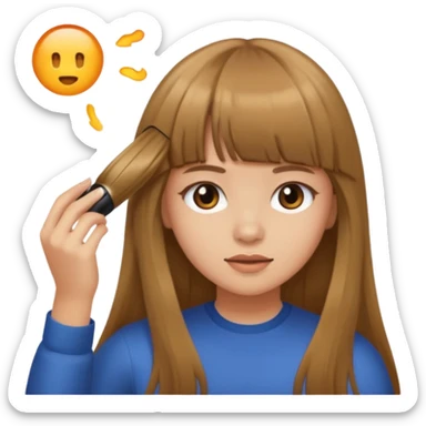 a girl with light skin and brown long hair with bangs who is doing her hair sticker