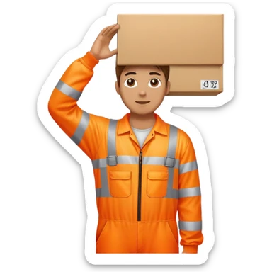 man standing facing away, wearing orange hi visibility overalls, holding a box above his head sticker