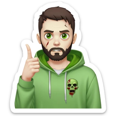 zombie pointing finger, undercut hairstyle with dark brown hair, short full beard, bright green eyes, wearing plain white hoodie sticker