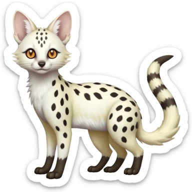 White Albino grey-spotted Serval-Civet-Genet-Trico-Furret-Linoone-Fakémon-Pokémon-animal-hybrid-fusion-creature (full body) with vibrant glowing eyes, cute, elegant, soft, realistic, pastel fur sticker