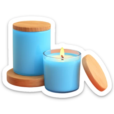 sky blue scented candle with a wooden lid beside it sticker