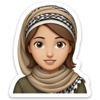 Palestinian girl waving wearing a keffiyeh headband with friendly face, plain background sticker