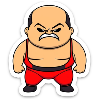 Close-up of white skin fat guy no muscle with prominent black durag, completely shaved face, no beard or mustache, black eyes in a red and black wrestling singlet with angry face sticker