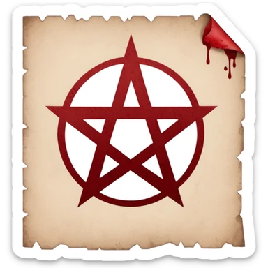 Minimalist emoji-style sticker of a blank torn contract with a pentagram stamp and drop of muted red ink. Gothic feel, flat design.
 sticker