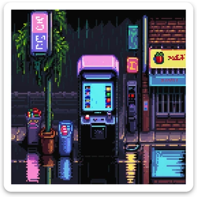 Pixel art urban street at night, side view, neon lights, vending machine, empty sidewalk, moody atmosphere, light rain reflections, trash bins, vertical 9:16 aspect ratio, Sega Genesis fighting game background
 sticker