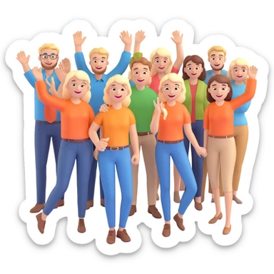 Three happy white male designers and six happy white female designers, all celebrating a successful project sticker