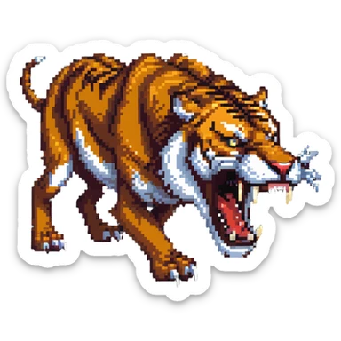 saber-toothed tiger with enormously long fangs, exaggerated canine teeth almost reaching the ground sticker
