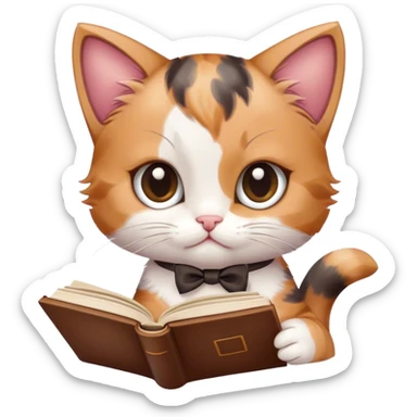 a cute kitten with a bow reading a book sticker