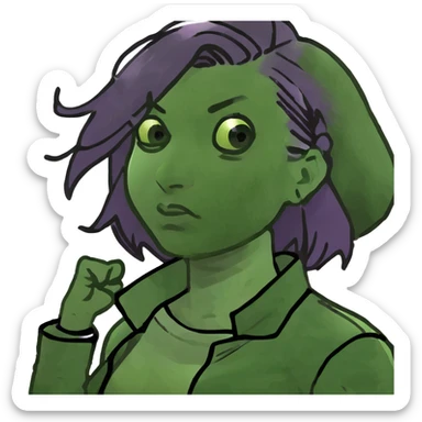 Man with stylish green jacket and purple hair, strong pose, bold expression, modern clothing style sticker
