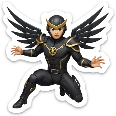 RAZORWING Look: Streamlined black suit with mechanical grappling wings folded behind Weapon: Sleek throwing knives strapped to chest and thighs Helmet: Visor with scanning HUD Vibe: Daring, sharp-eyed, fearless Stance: Leaping or gliding above the battlefield he is inspired by mortal kombat ninja sticker