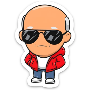 middle-aged 50-year-old man with slight wrinkles, aviator sunglasses, wearing a red hoodie sticker