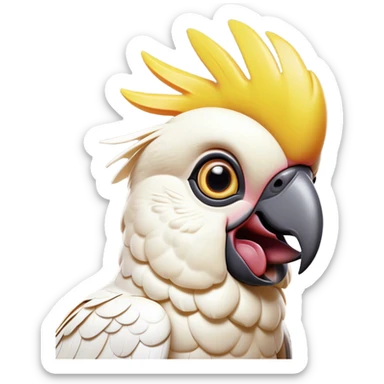 Cinematic Comical Cockatoo Portrait Emoji, Head tilted dramatically with an exaggeratedly shocked expression, featuring a striking, crest-adorned head with wide, comically expressive eyes full of playful disbelief and a vibrant, animated beak, Simplified yet hilariously expressive features, highly detailed, glowing with a slightly sassy tropical glow, high shine, dramatic yet playful, stylized with an air of cheeky avian mischief, soft glowing outline, capturing the essence of a meme-worthy cockatoo that looks ready to squawk its way into viral fame! sticker