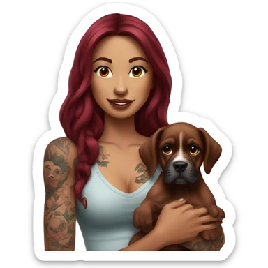 Beautiful tattooed  burgundy long haired woman holding a boxer puppy sticker