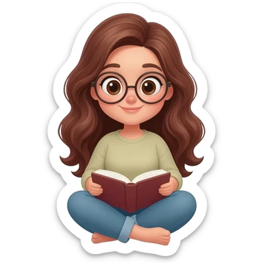 detailed emoji illustration of a curvy woman with long chestnut brown wavy hair, big light brown eyes and round glasses, sitting cross-legged and reading a book, cute emoji style sticker