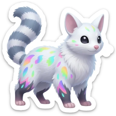  cute adorable whitish pastel fur with glowing bioluminescent random colorful markings iridescent beautiful elegant pretty precious cute young youthful  Fakémon-Pokémon-alien-opossum-feline-serval-caracal-chinchilla-Minccino-hybrid-creature with a big fluffy bushy striped tail (full body) sticker
