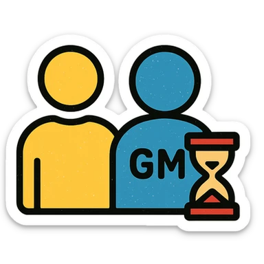 ultra-minimalist icon of two simple figures side by side representing player and GM, with a small clock or hourglass, worn and distressed style sticker