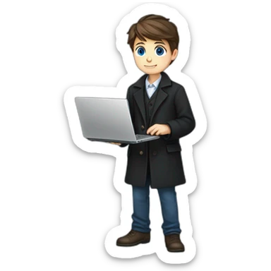 Blue eyes ,uses laptop in hands, uses laptop in hands, Blue eyes, Classy programmer, 13 years old, coat, formal outfit, pc in hands, brunette boy, black coat, all body sticker