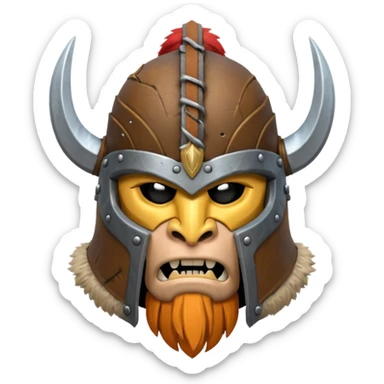 barbarian helmet object icon, rough metal helmet, fur details, leather straps, battle-worn scratches, fantasy style, 3D cartoon, mobile game icon style, centered, clean background, soft shadow, no text, no watermark

 sticker